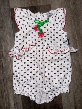 Le Top White Romper with Navy Dot Print and Green Bow